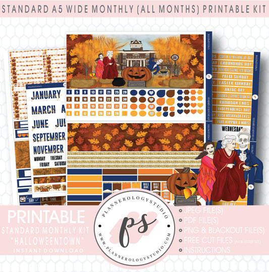 Halloweentown Monthly Kit Digital Printable Planner Stickers (Undated All Months for Standard A5 Wide Planners)