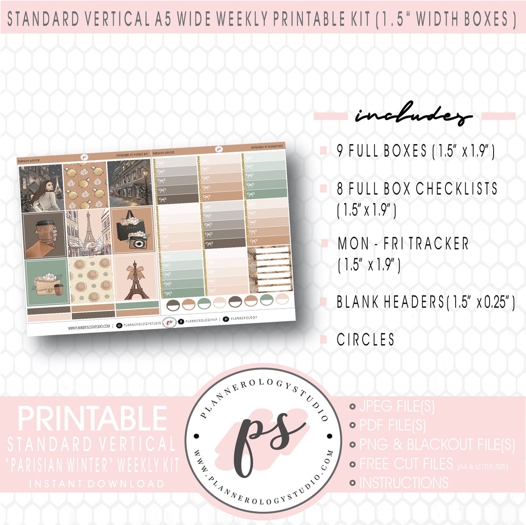 Parisian Winter Weekly Digital Printable Planner Stickers Kit (for use with Standard Vertical A5 Wide Planners)