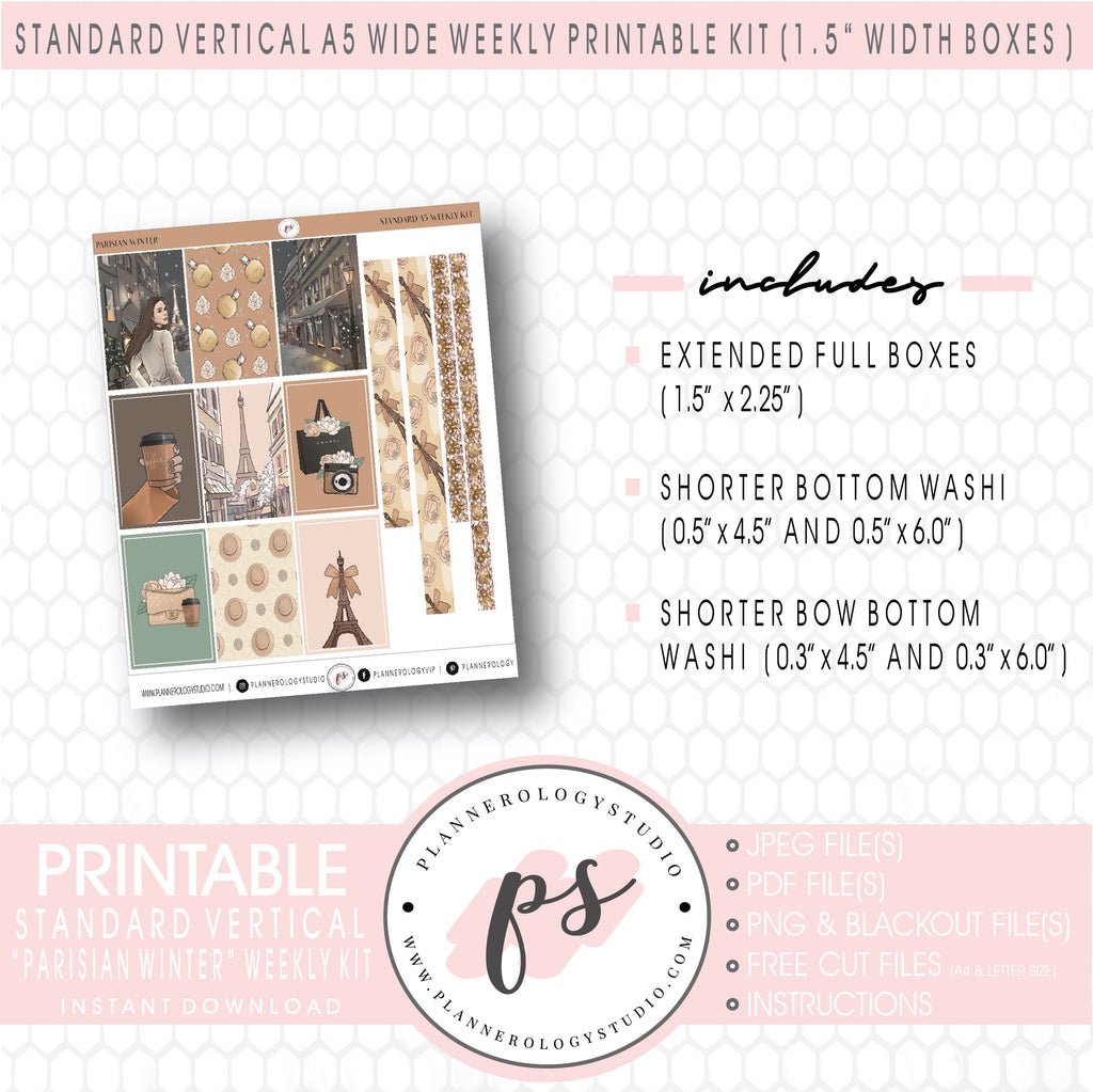 Parisian Winter Weekly Digital Printable Planner Stickers Kit (for use with Standard Vertical A5 Wide Planners)
