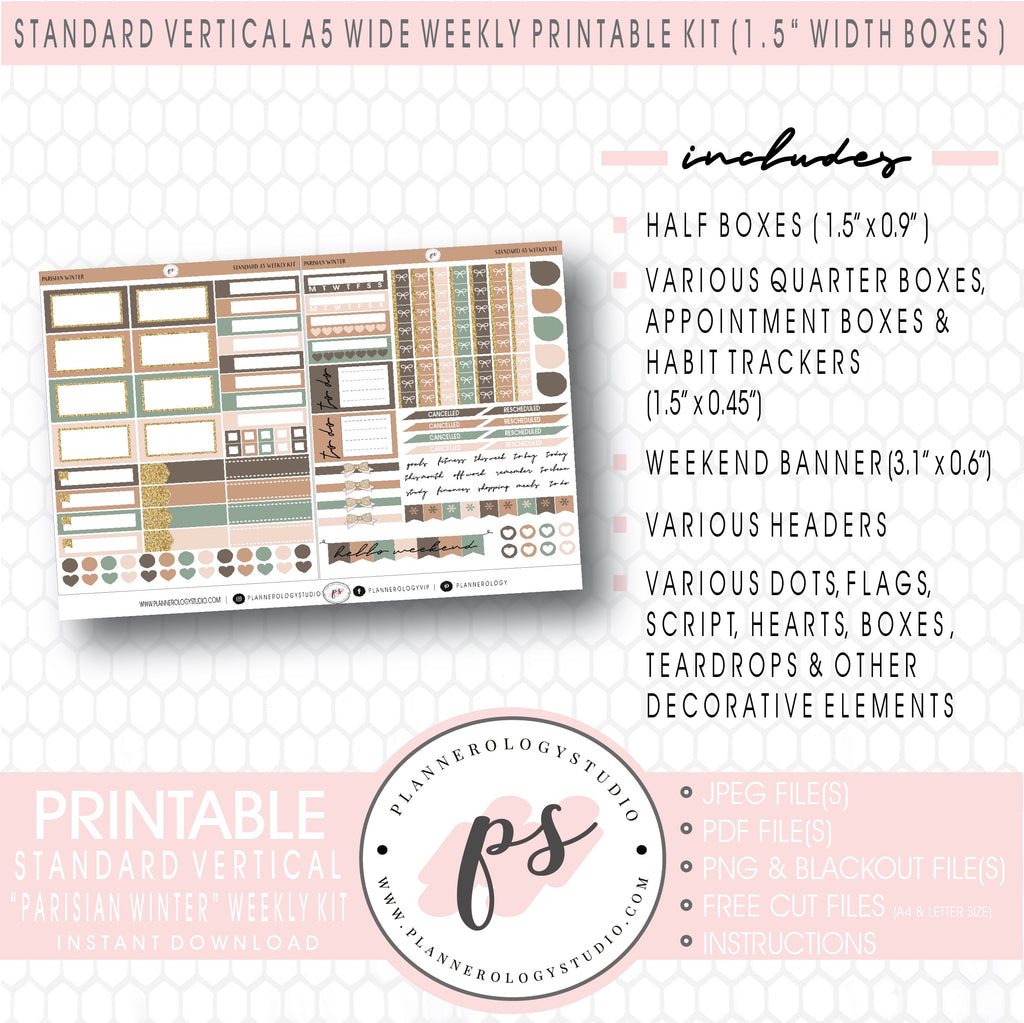 Parisian Winter Weekly Digital Printable Planner Stickers Kit (for use with Standard Vertical A5 Wide Planners)