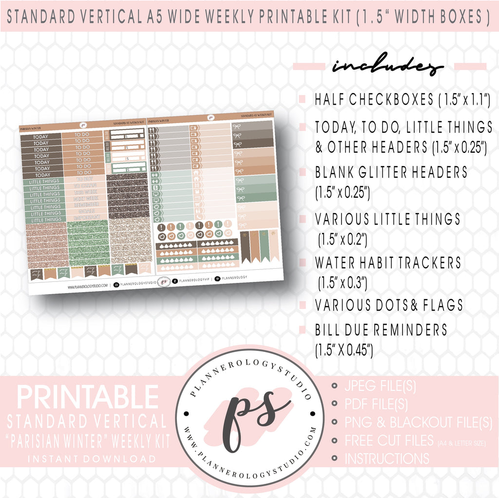 Parisian Winter Weekly Digital Printable Planner Stickers Kit (for use with Standard Vertical A5 Wide Planners)