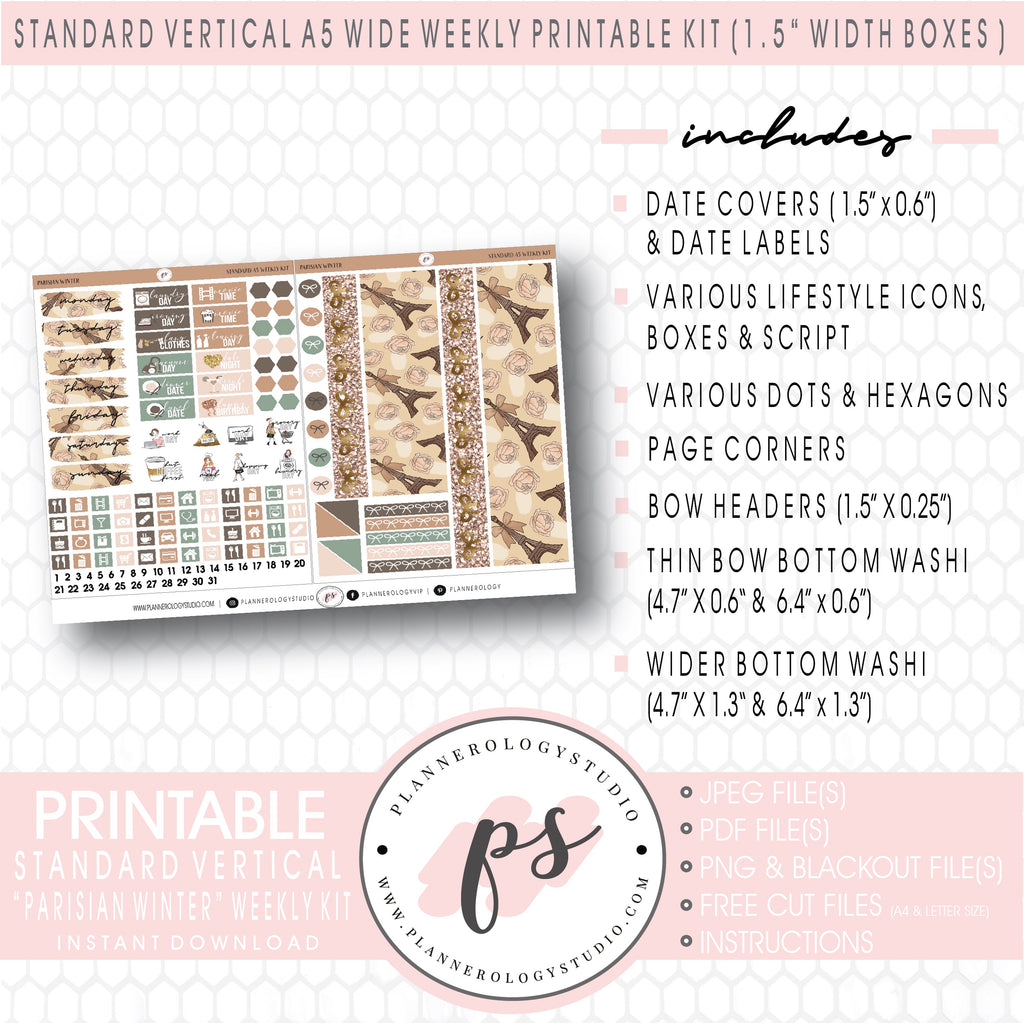 Parisian Winter Weekly Digital Printable Planner Stickers Kit (for use with Standard Vertical A5 Wide Planners)