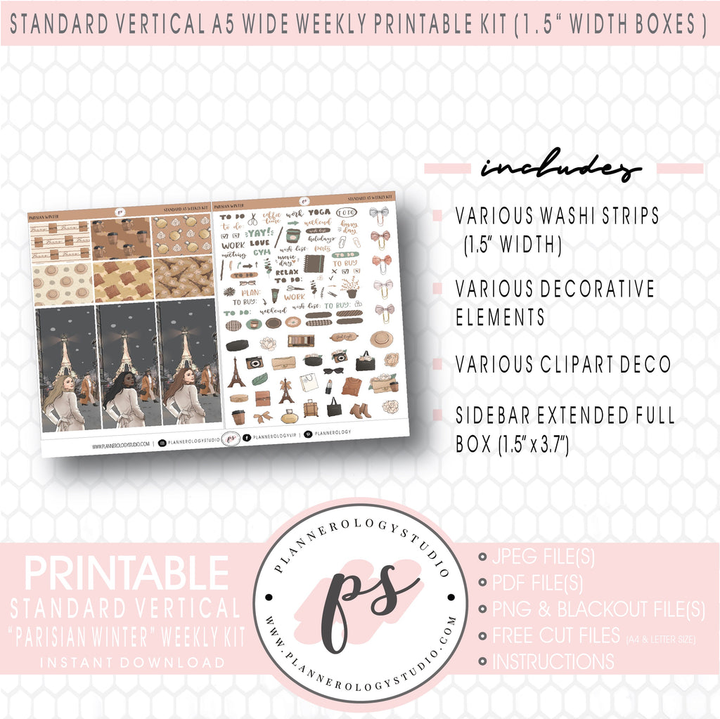Parisian Winter Weekly Digital Printable Planner Stickers Kit (for use with Standard Vertical A5 Wide Planners)