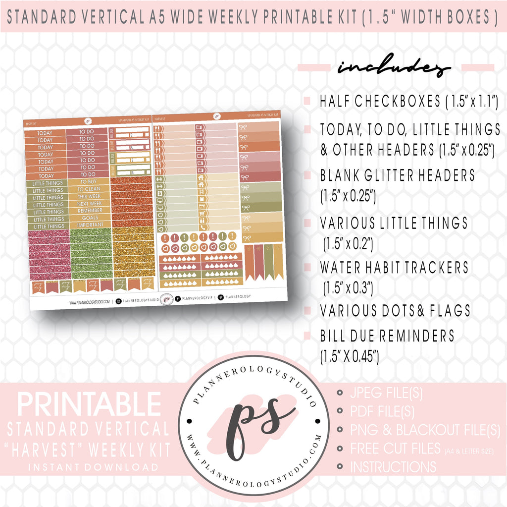 Harvest Weekly Digital Printable Planner Stickers Kit (for use with Standard Vertical A5 Wide Planners)