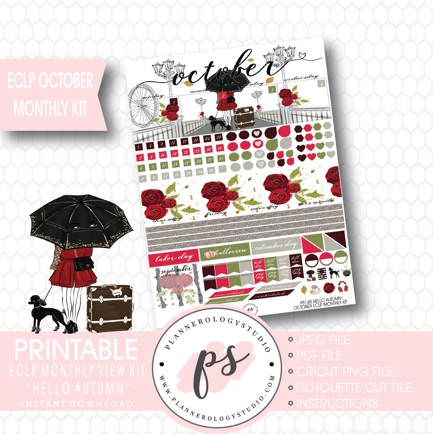 Hello Autumn (Fall) October 2017 Monthly View Kit Printable Planner Stickers (for use with ECLP) - Plannerologystudio