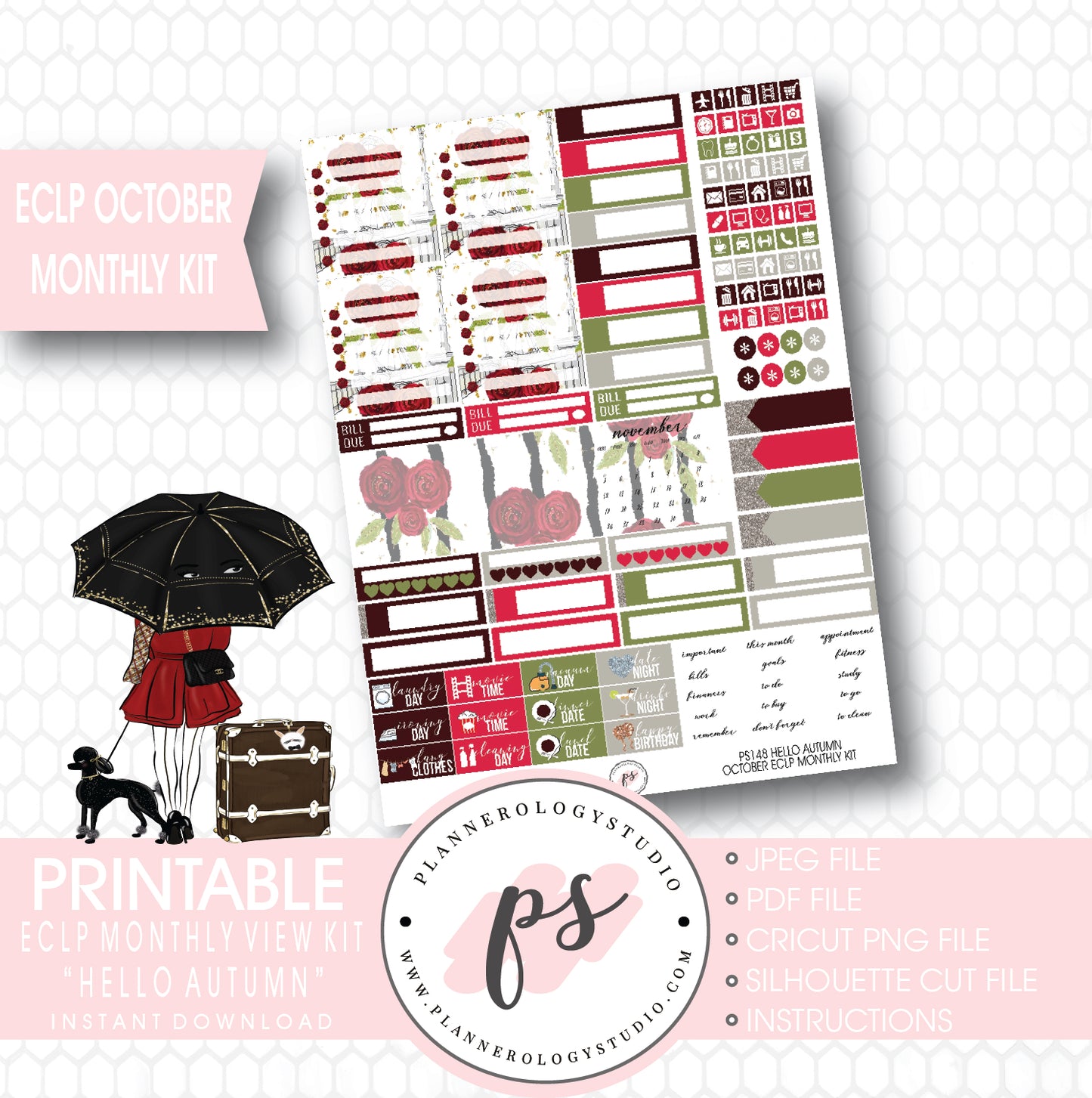 Hello Autumn (Fall) October 2017 Monthly View Kit Printable Planner Stickers (for use with ECLP) - Plannerologystudio