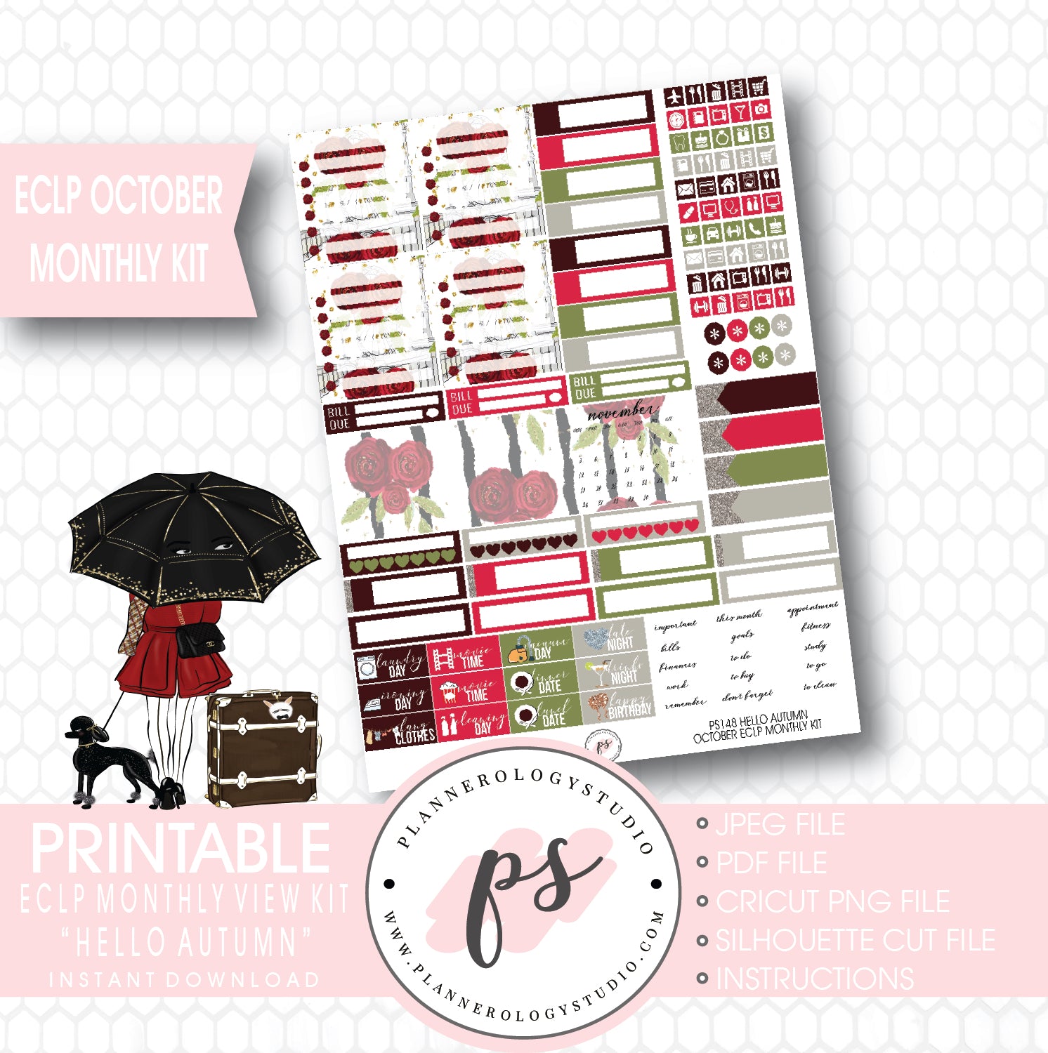 Hello Autumn (Fall) October 2017 Monthly View Kit Printable Planner Stickers (for use with ECLP) - Plannerologystudio