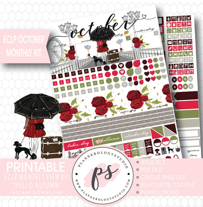 Hello Autumn (Fall) October 2017 Monthly View Kit Printable Planner Stickers (for use with ECLP) - Plannerologystudio