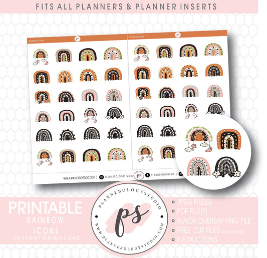 Decorative Scandi Rainbow Doodle Icons Digital Printable Planner Stickers