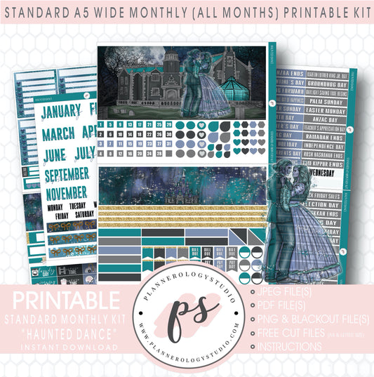 Haunted Dance Monthly Kit Digital Printable Planner Stickers (Undated All Months for Standard A5 Wide Planners)