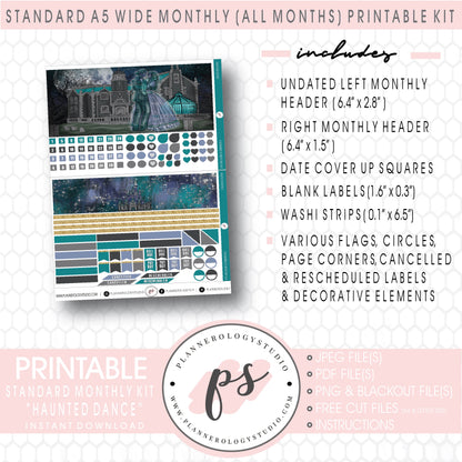 Haunted Dance Monthly Kit Digital Printable Planner Stickers (Undated All Months for Standard A5 Wide Planners)