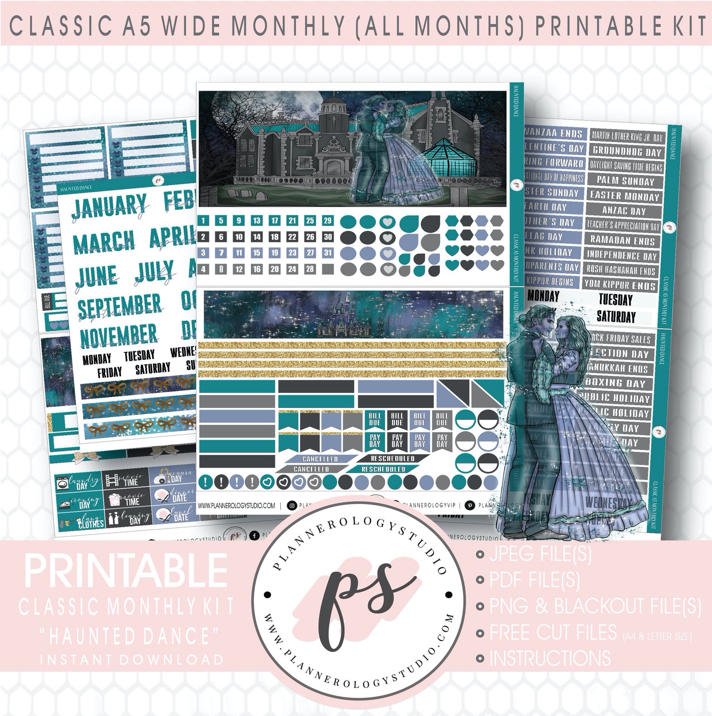 Haunted Dance Monthly Kit Digital Printable Planner Stickers (Undated All Months for Classic A5 Wide Planners)