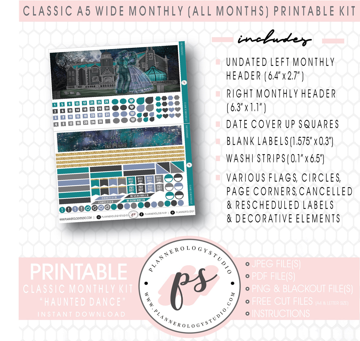 Haunted Dance Monthly Kit Digital Printable Planner Stickers (Undated All Months for Classic A5 Wide Planners)
