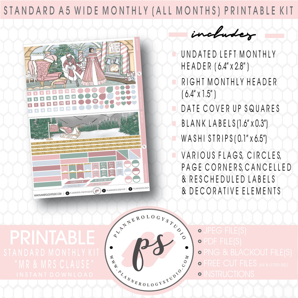 Mr & Mrs Clause Monthly Kit Digital Printable Planner Stickers (Undated All Months for Standard A5 Wide Planners)
