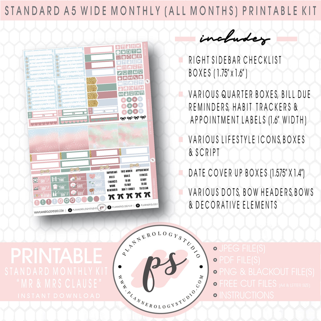Mr & Mrs Clause Monthly Kit Digital Printable Planner Stickers (Undated All Months for Standard A5 Wide Planners)