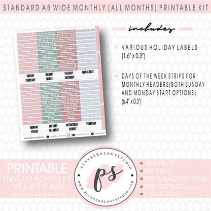 Mr & Mrs Clause Monthly Kit Digital Printable Planner Stickers (Undated All Months for Standard A5 Wide Planners)