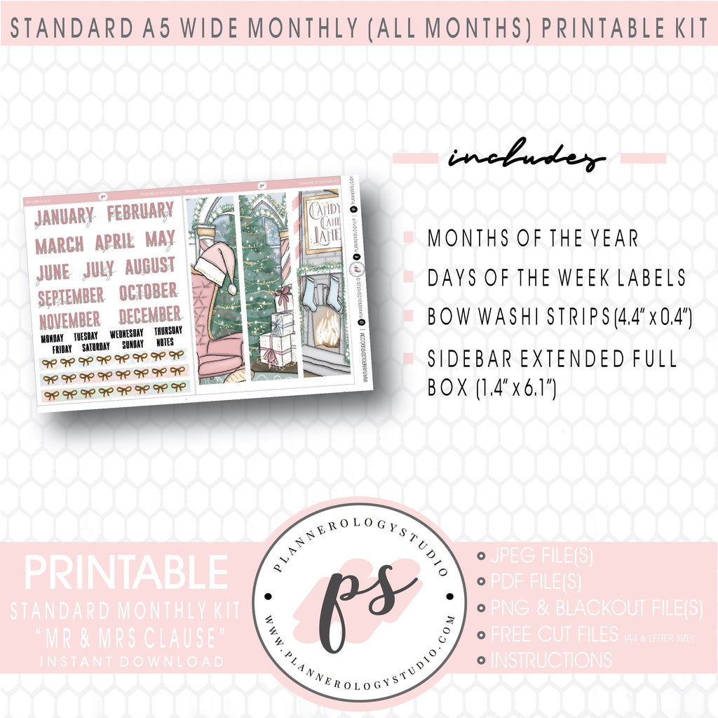 Mr & Mrs Clause Monthly Kit Digital Printable Planner Stickers (Undated All Months for Standard A5 Wide Planners)