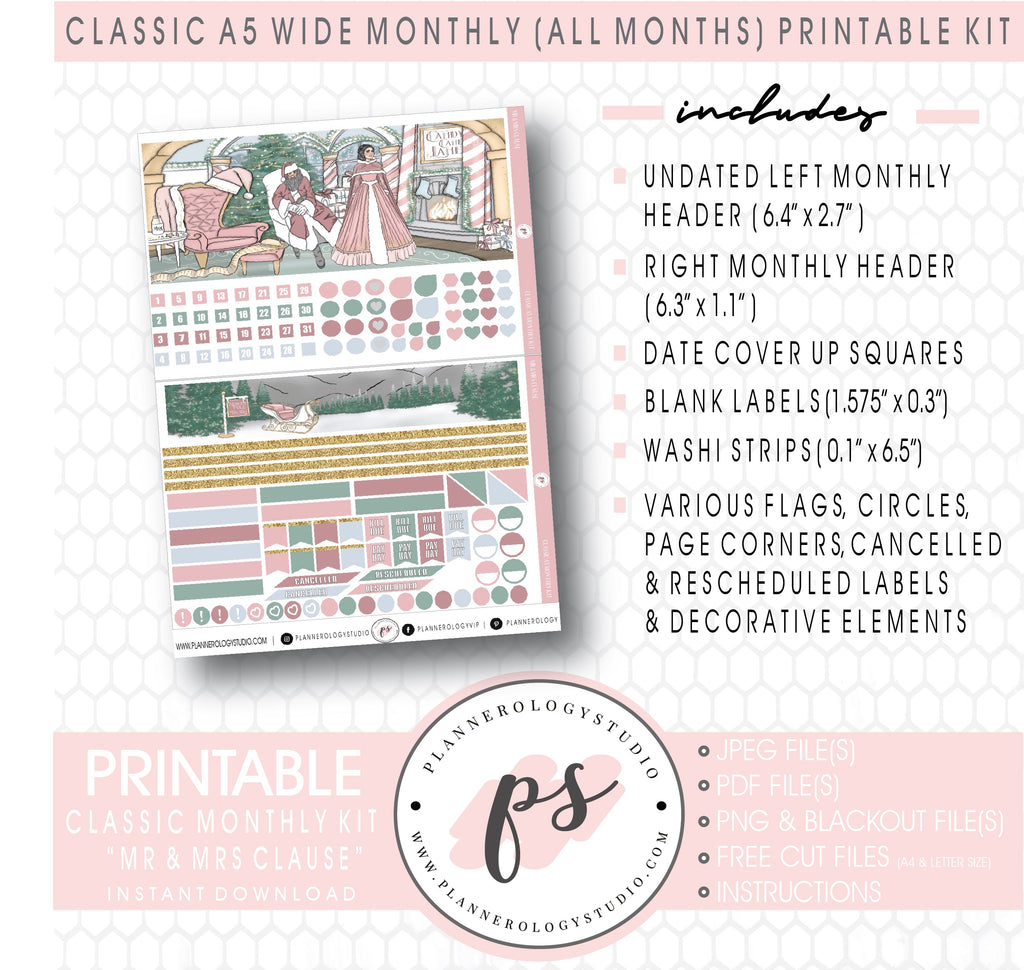 Mr & Mrs Clause Monthly Kit Digital Printable Planner Stickers (Undated All Months for Classic A5 Wide Planners)