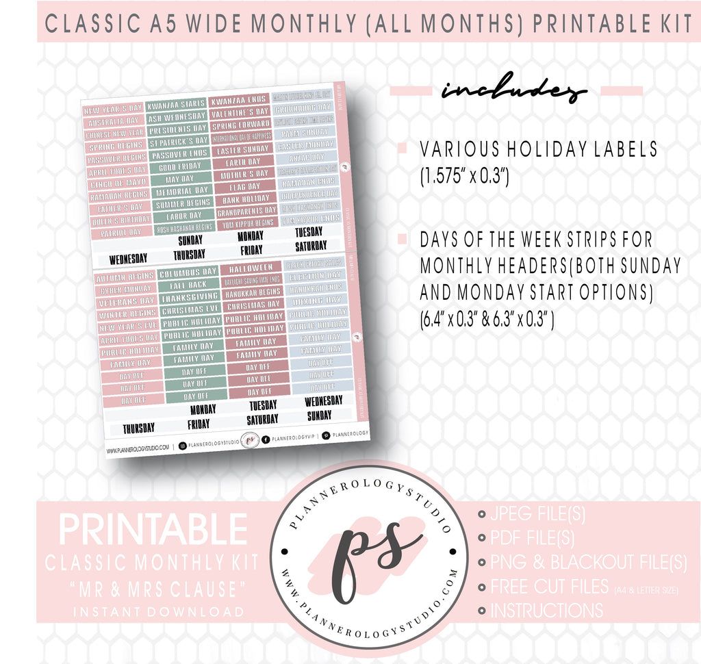 Mr & Mrs Clause Monthly Kit Digital Printable Planner Stickers (Undated All Months for Classic A5 Wide Planners)