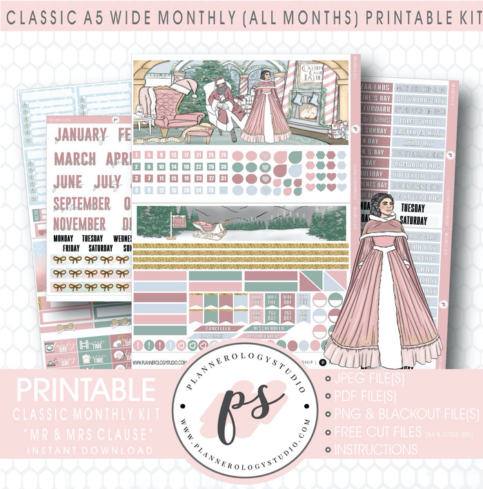Mr & Mrs Clause Monthly Kit Digital Printable Planner Stickers (Undated All Months for Classic A5 Wide Planners)