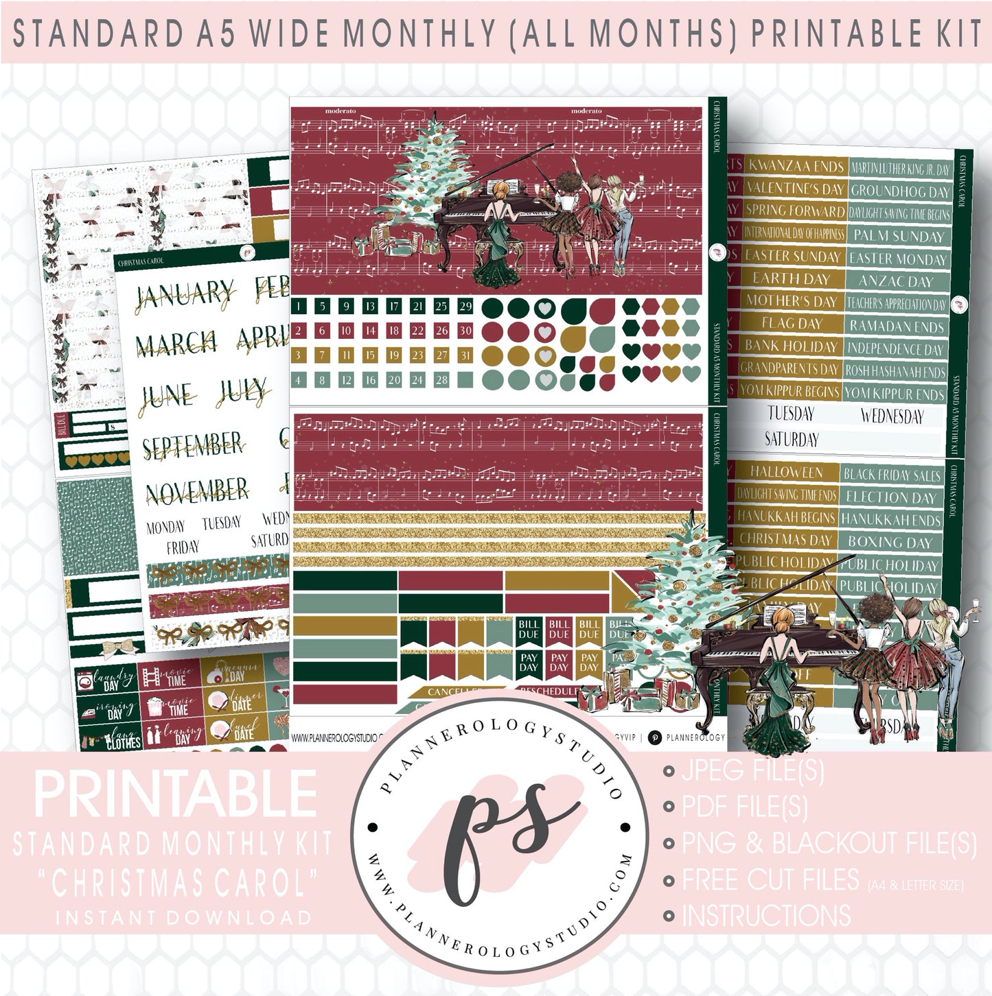 Christmas Carol Monthly Kit Digital Printable Planner Stickers (Undated All Months for Standard A5 Wide Planners)