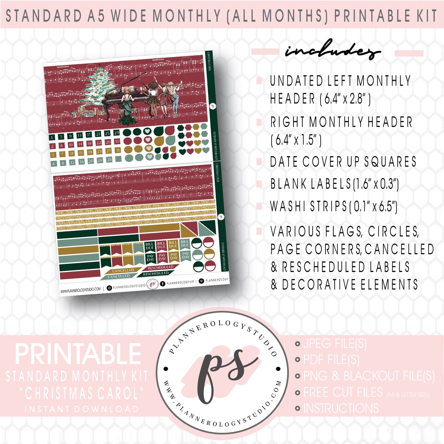 Christmas Carol Monthly Kit Digital Printable Planner Stickers (Undated All Months for Standard A5 Wide Planners)