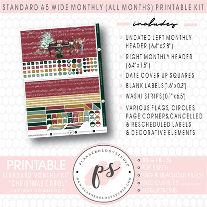 Christmas Carol Monthly Kit Digital Printable Planner Stickers (Undated All Months for Standard A5 Wide Planners)