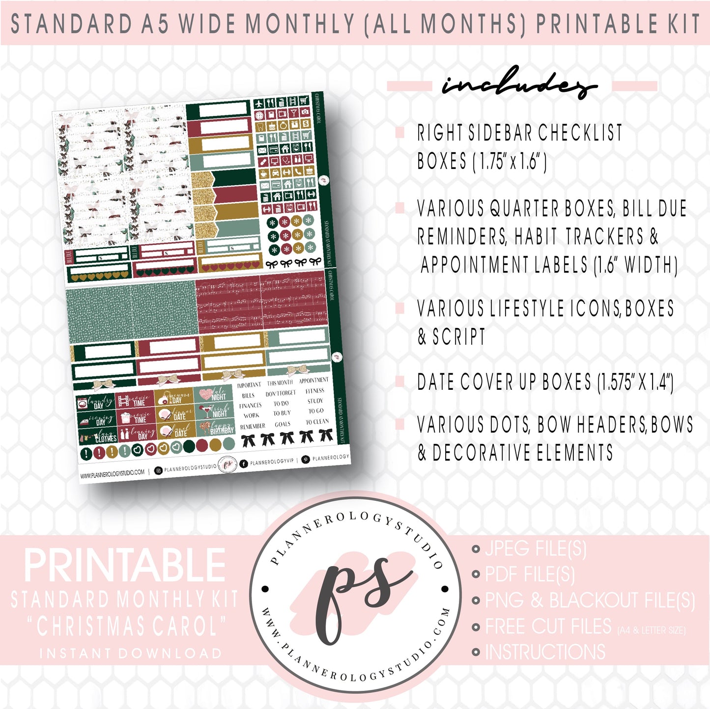 Christmas Carol Monthly Kit Digital Printable Planner Stickers (Undated All Months for Standard A5 Wide Planners)