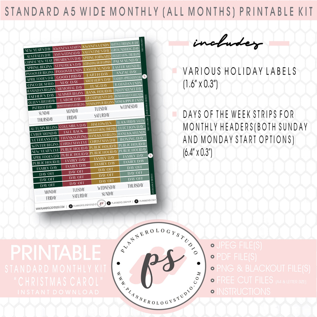 Christmas Carol Monthly Kit Digital Printable Planner Stickers (Undated All Months for Standard A5 Wide Planners)