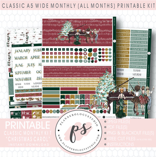 Christmas Carol Monthly Kit Digital Printable Planner Stickers (Undated All Months for Classic A5 Wide Planners)