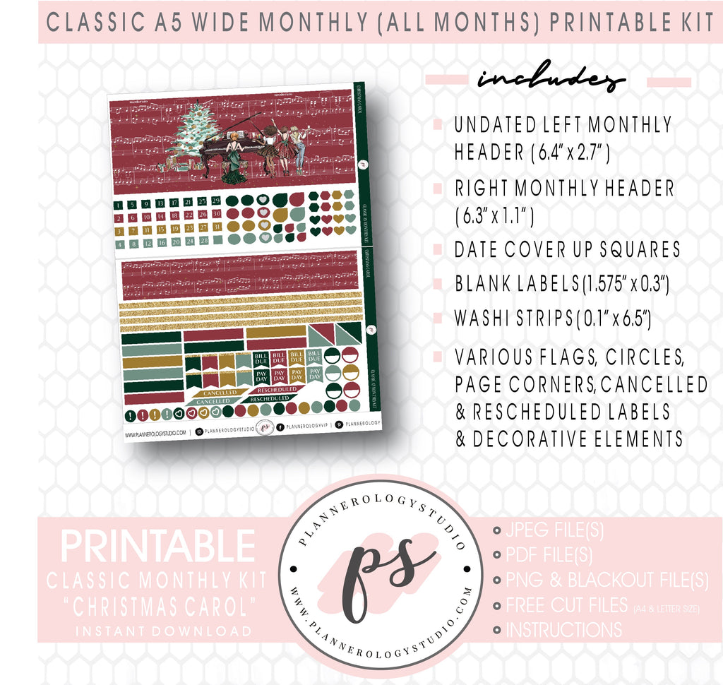 Christmas Carol Monthly Kit Digital Printable Planner Stickers (Undated All Months for Classic A5 Wide Planners)