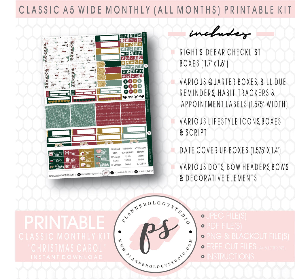 Christmas Carol Monthly Kit Digital Printable Planner Stickers (Undated All Months for Classic A5 Wide Planners)