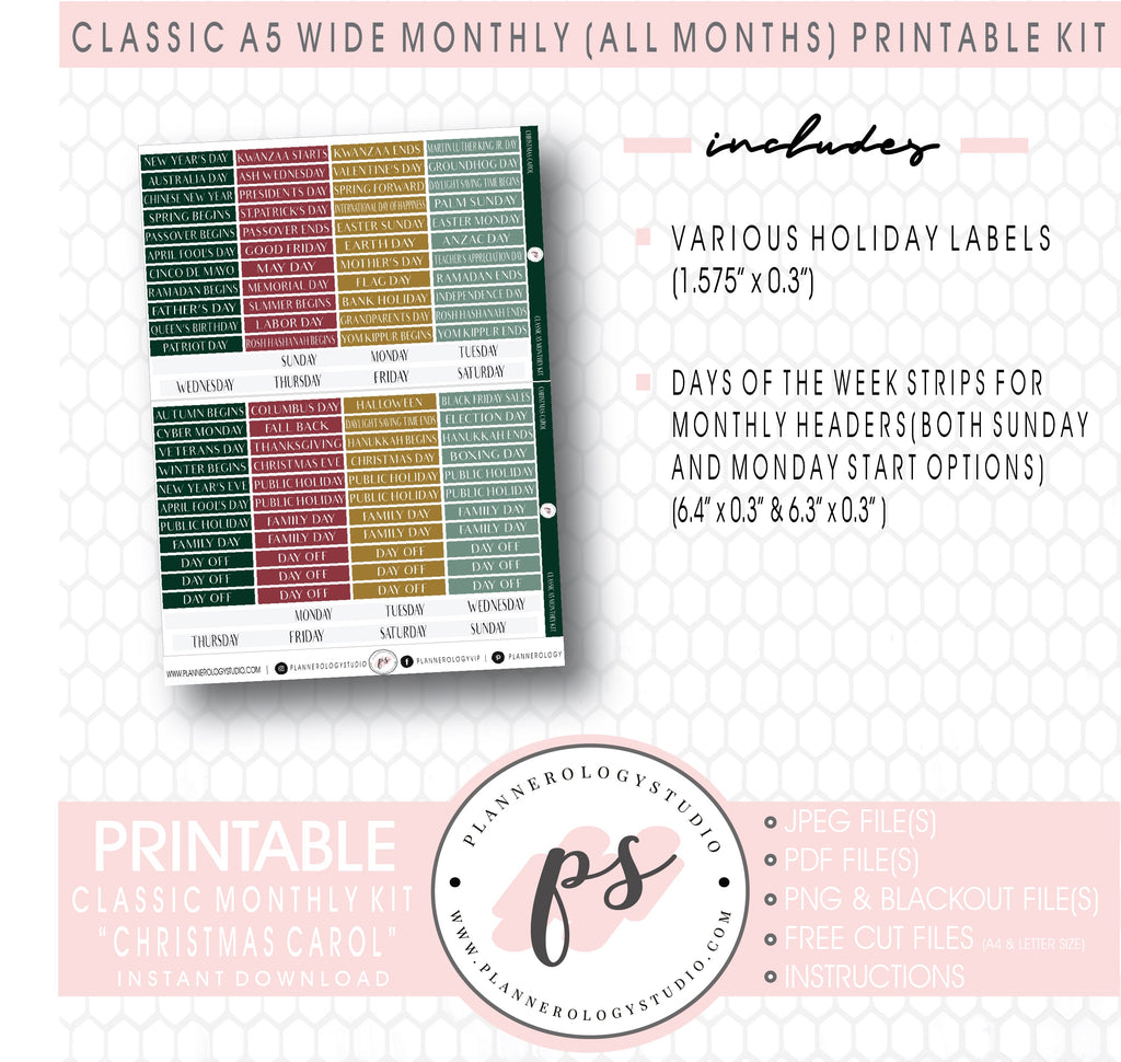 Christmas Carol Monthly Kit Digital Printable Planner Stickers (Undated All Months for Classic A5 Wide Planners)