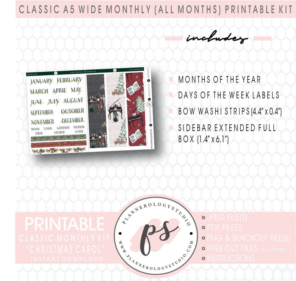 Christmas Carol Monthly Kit Digital Printable Planner Stickers (Undated All Months for Classic A5 Wide Planners)