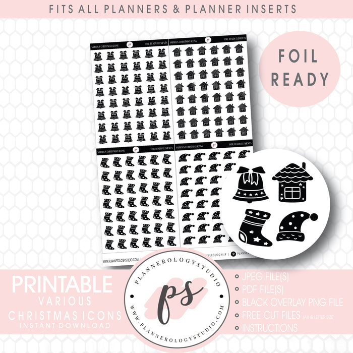 Christmas Icons Digital Printable Planner Stickers (Foil Ready)