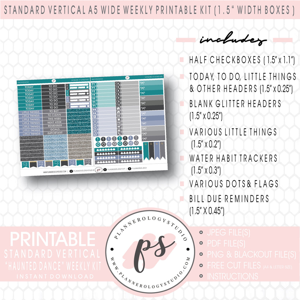 Haunted Dance Weekly Digital Printable Planner Stickers Kit (for use with Standard Vertical A5 Wide Planners)