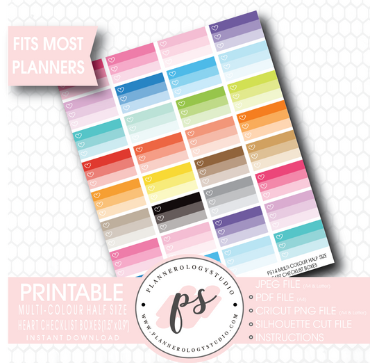 Multi-Colour Half Size Heart Checklist Boxes Printable Planner Stickers - Plannerologystudio