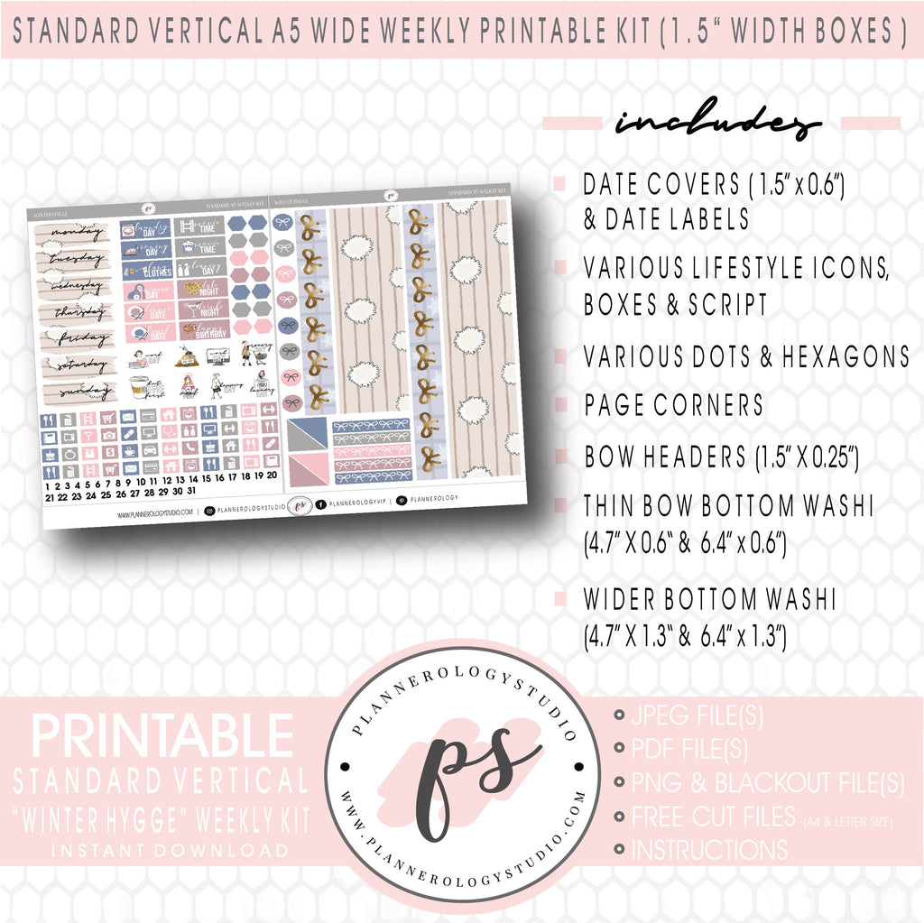 Winter Hygge Weekly Digital Printable Planner Stickers Kit (for use with Standard Vertical A5 Wide Planners)