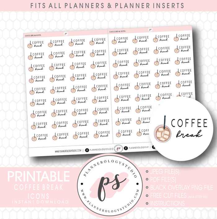 Coffee Break Bujo Script & Icon Digital Printable Planner Stickers