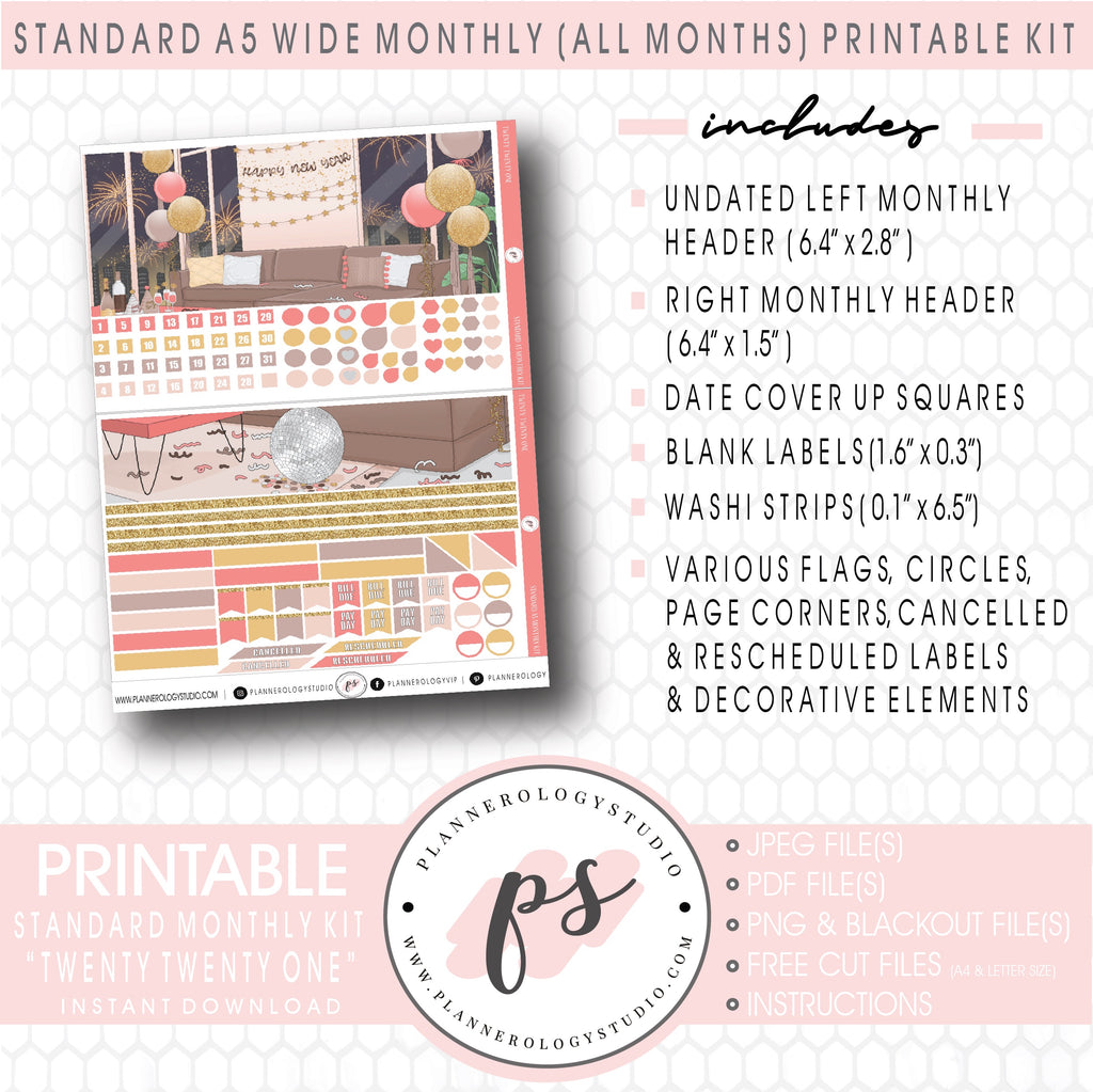 Twenty Twenty One New Years Monthly Kit Digital Printable Planner Stickers (Undated All Months for Standard A5 Wide Planners)