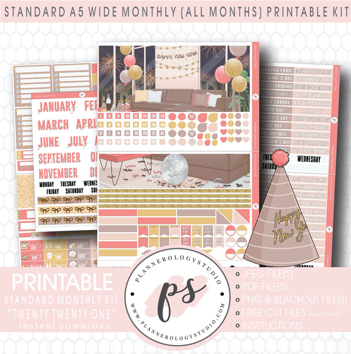 Twenty Twenty One New Years Monthly Kit Digital Printable Planner Stickers (Undated All Months for Standard A5 Wide Planners)