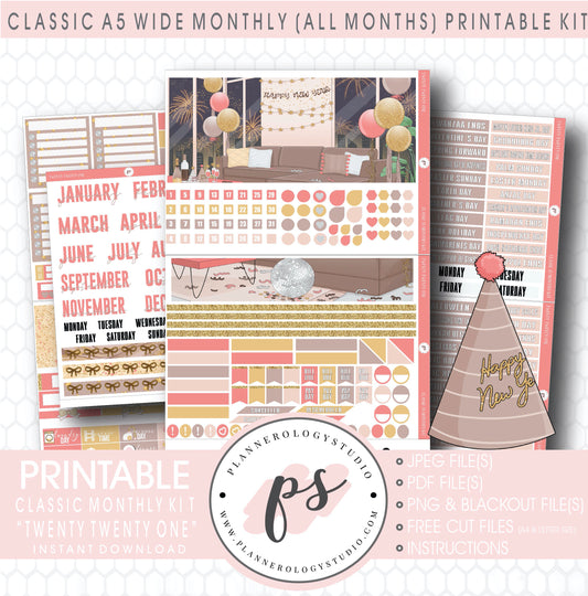 Twenty Twenty One New Years Monthly Kit Digital Printable Planner Stickers (Undated All Months for Classic A5 Wide Planners)