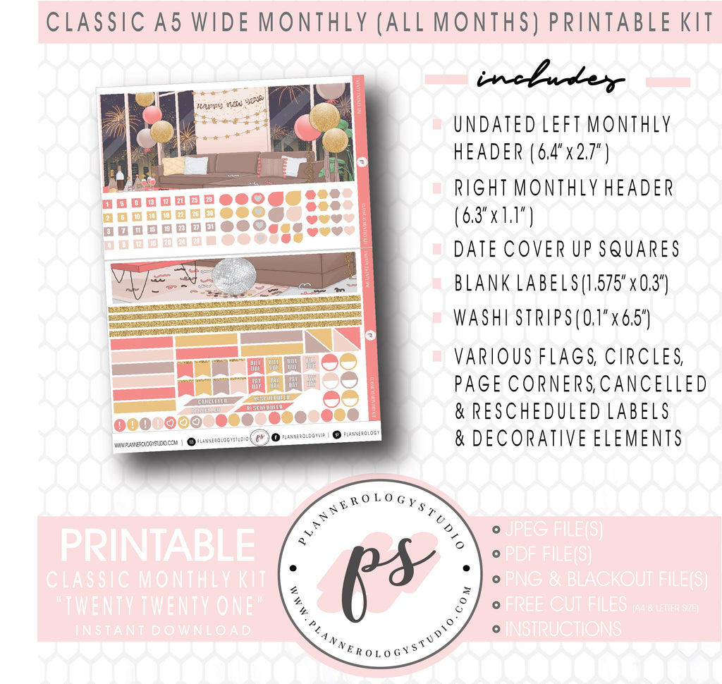 Twenty Twenty One New Years Monthly Kit Digital Printable Planner Stickers (Undated All Months for Classic A5 Wide Planners)