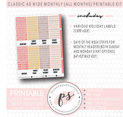 Twenty Twenty One New Years Monthly Kit Digital Printable Planner Stickers (Undated All Months for Classic A5 Wide Planners)