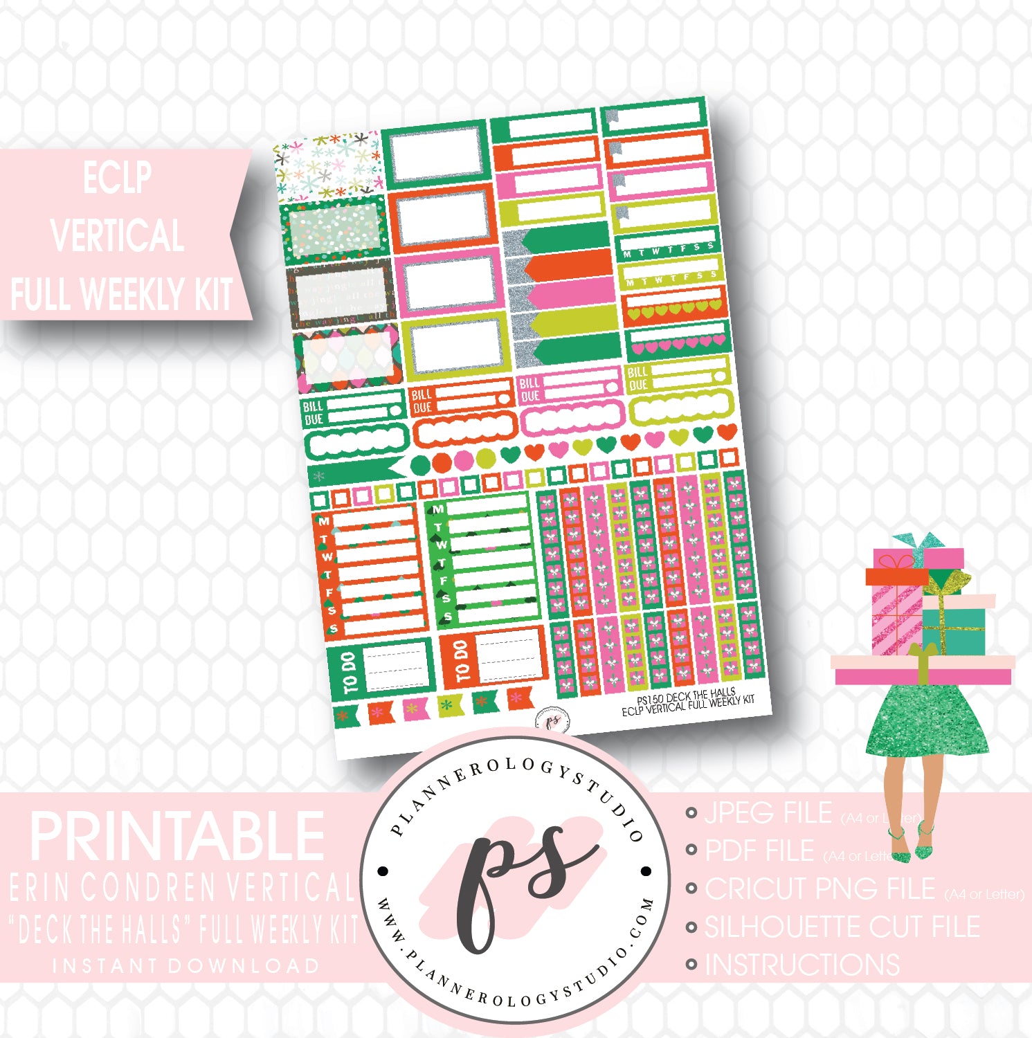 Deck the Halls Christmas Full Weekly Kit Printable Planner Stickers (for use with ECLP Vertical) - Plannerologystudio