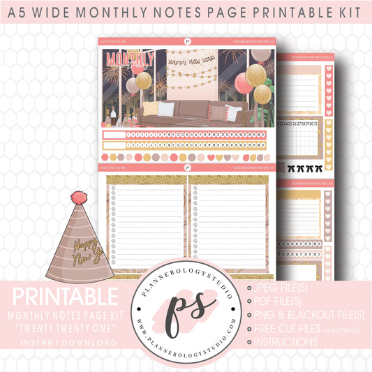 Twenty Twenty One New Years Monthly Notes Page Kit Digital Printable Planner Stickers (for use with Standard A5 Wide Planners)