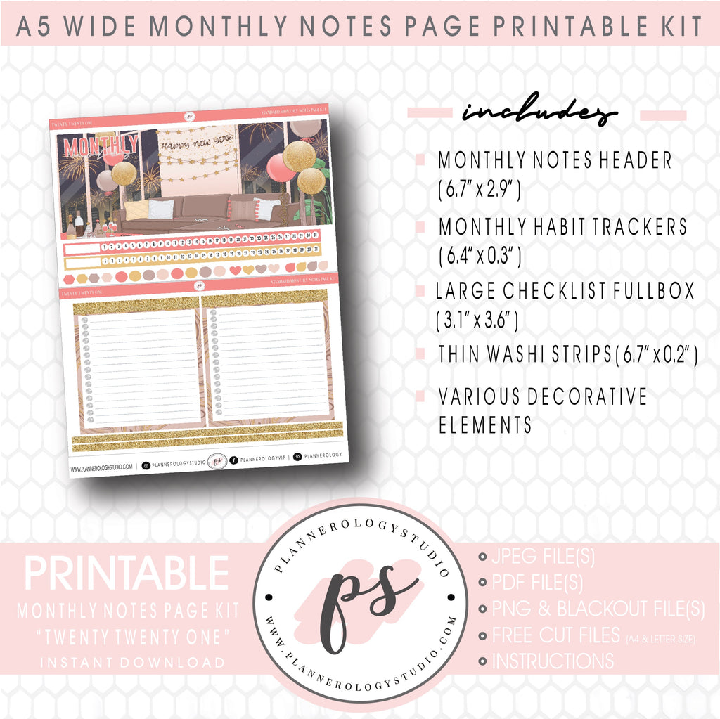 Twenty Twenty One New Years Monthly Notes Page Kit Digital Printable Planner Stickers (for use with Standard A5 Wide Planners)