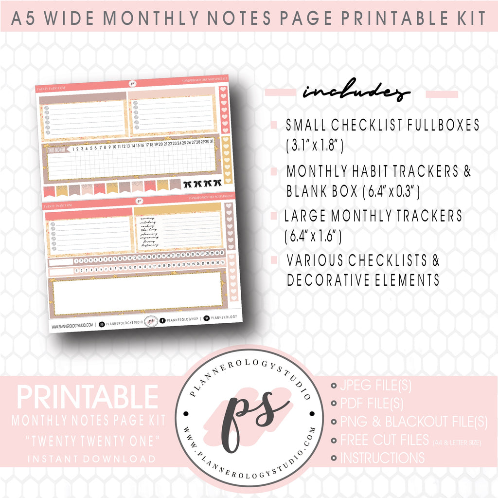 Twenty Twenty One New Years Monthly Notes Page Kit Digital Printable Planner Stickers (for use with Standard A5 Wide Planners)