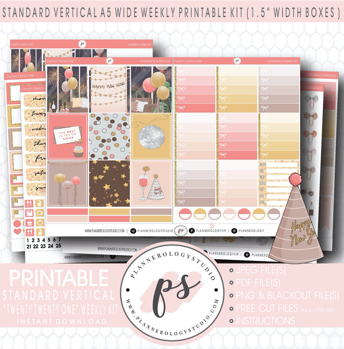 Twenty Twenty One New Years Weekly Digital Printable Planner Stickers Kit (for use with Standard Vertical A5 Wide Planners)