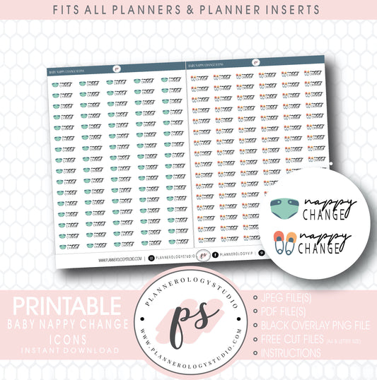 Baby Nappy Change Bujo Script & Icon Digital Printable Planner Stickers